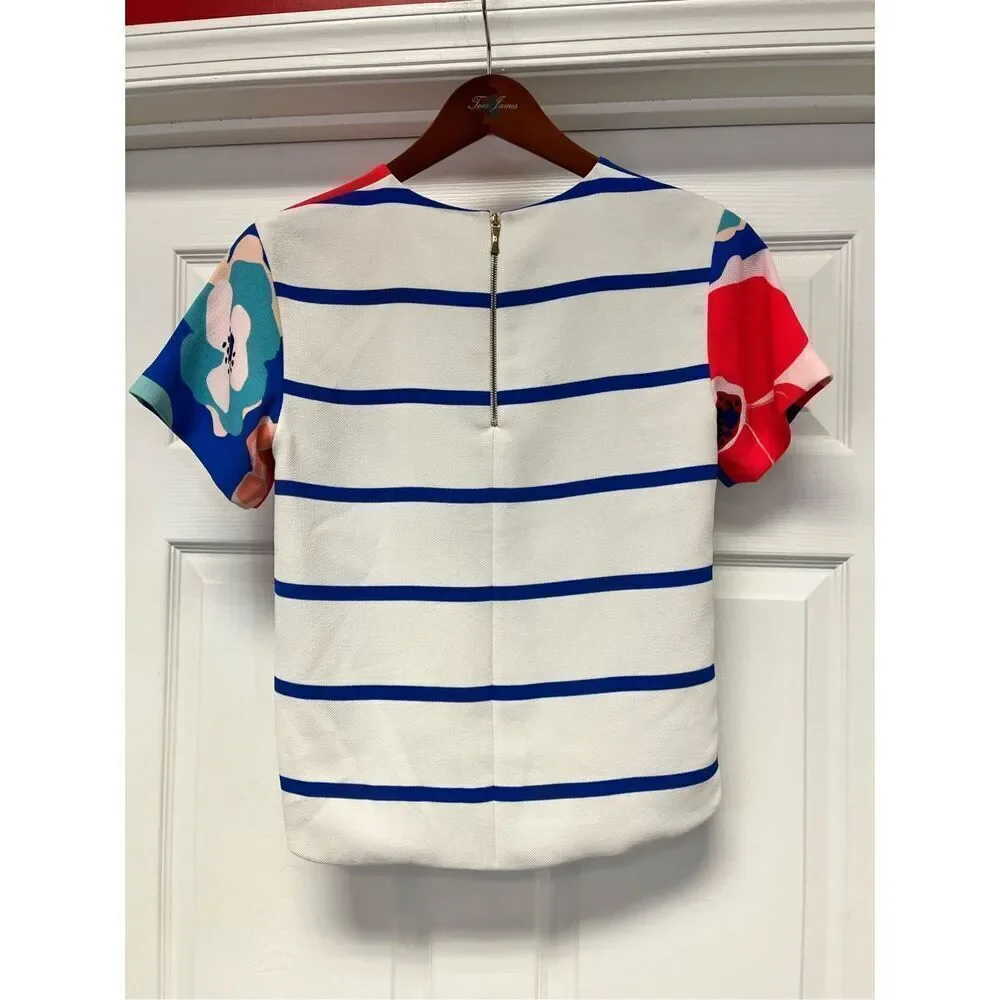 Kate Spade Ramona Floral Hi-Lo Back Striped Top sz 2 EUC